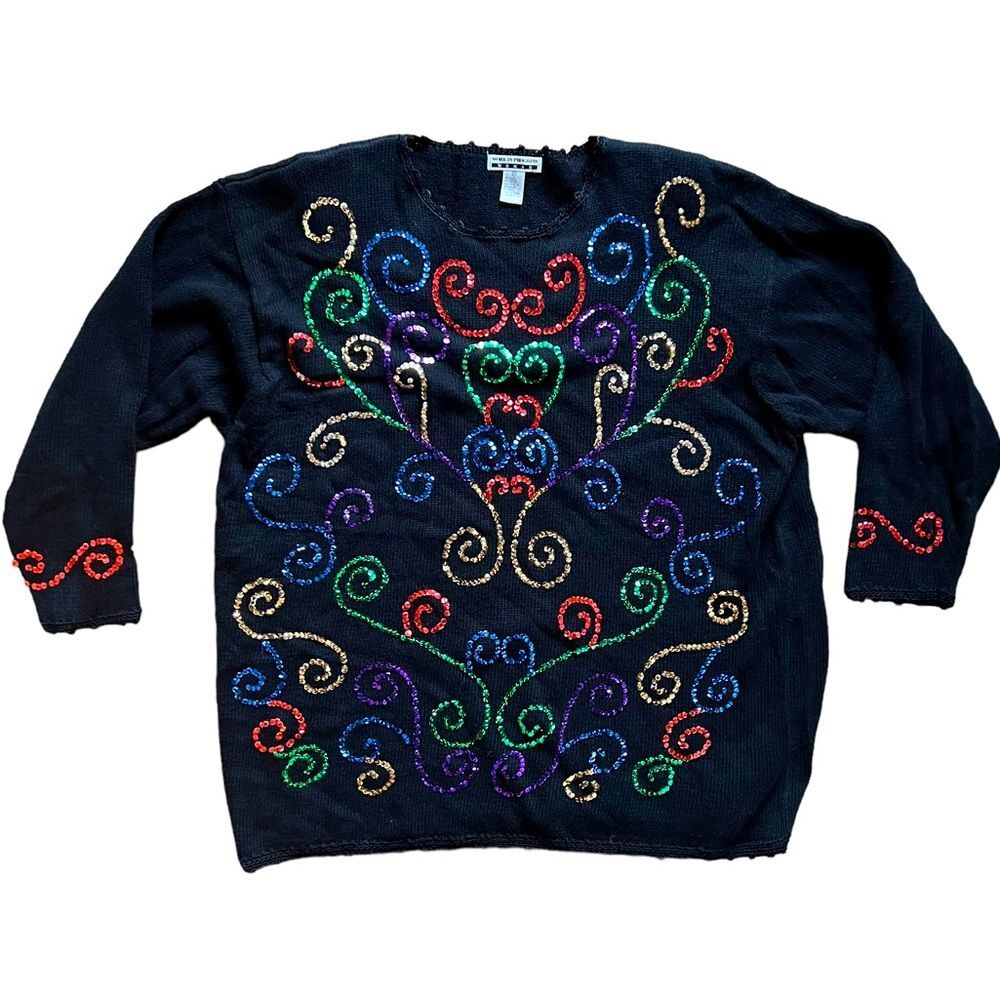 Work In Progress Multicolored Sequin Black Sweate… - image 1